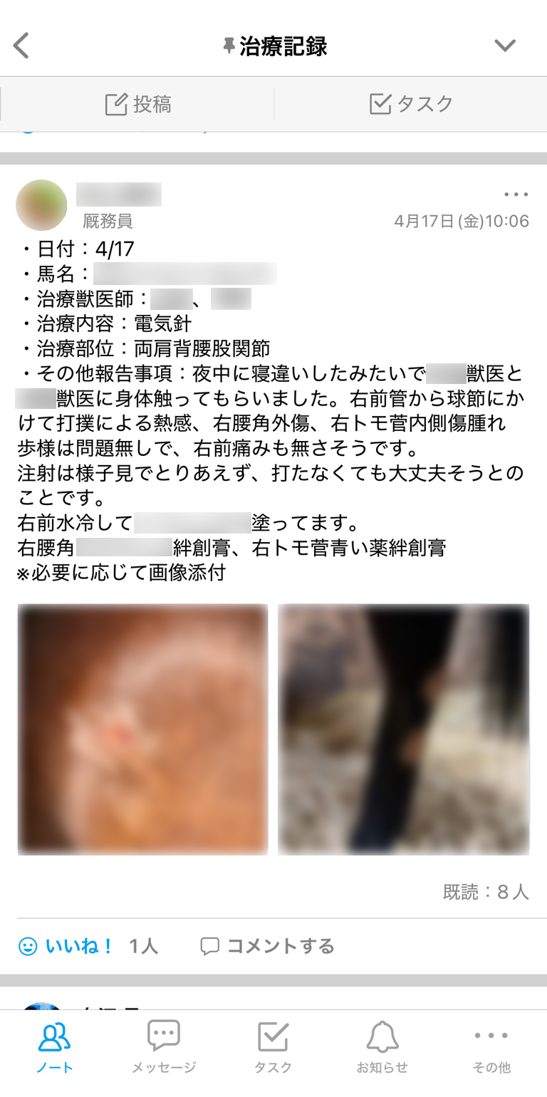 福田真広厩舎 Talknote利用例 ［治療内容］